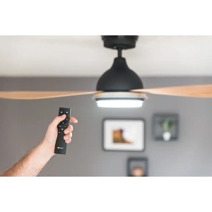 Pepeo Deckenventilator Bayu mit LED und Fernbedienung, Gehäuse schwarz, Flügel in Holzoptik.