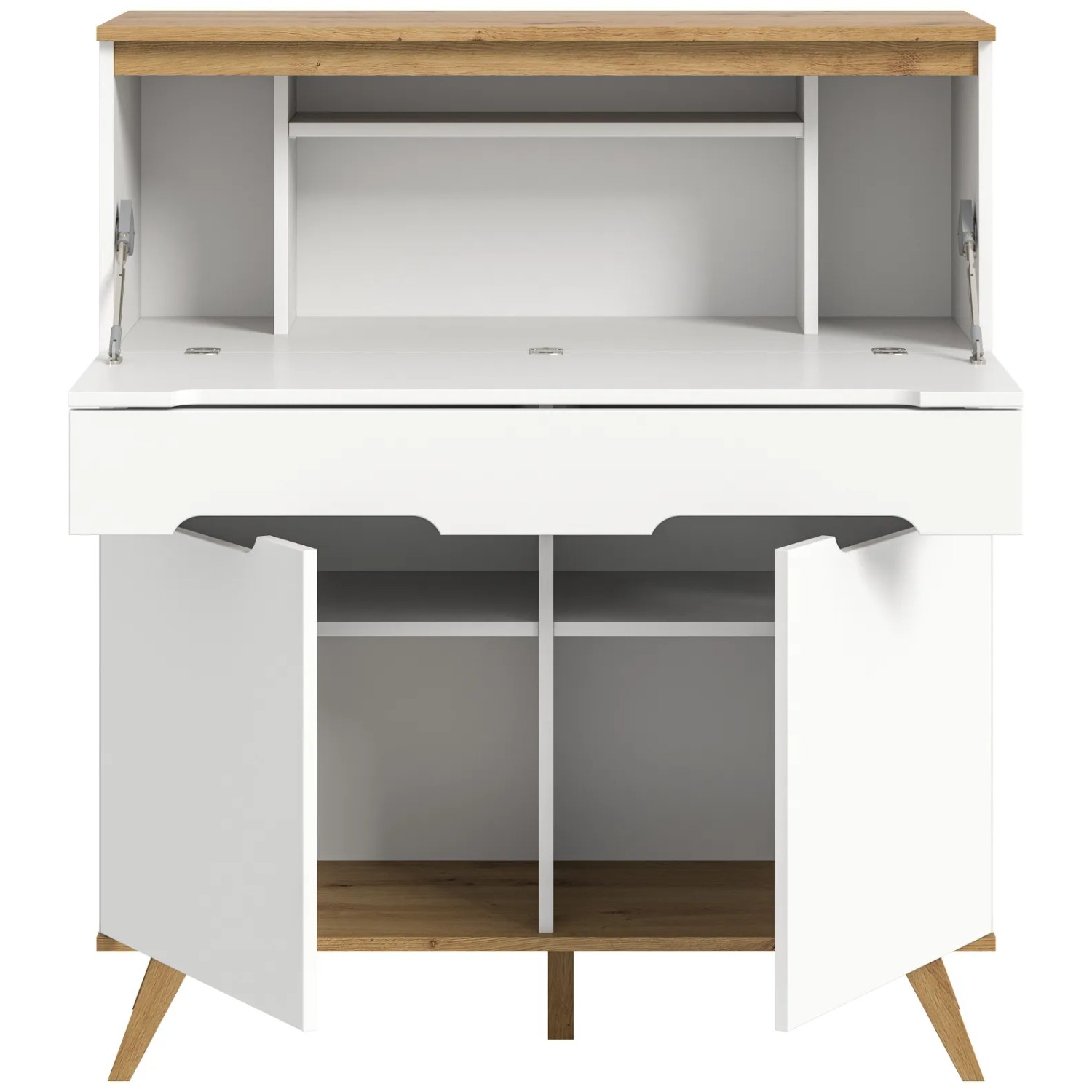 Weißer Sekretär Hygge mit Eiche-Akzenten, offener Klappe, Schublade und Türen. Skandinavisches Design für Homeoffice.