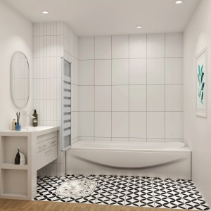 Bad mit weißer AICA Badewanne (130x140cm) und 3-tlg. Faltwand (Links Montage).