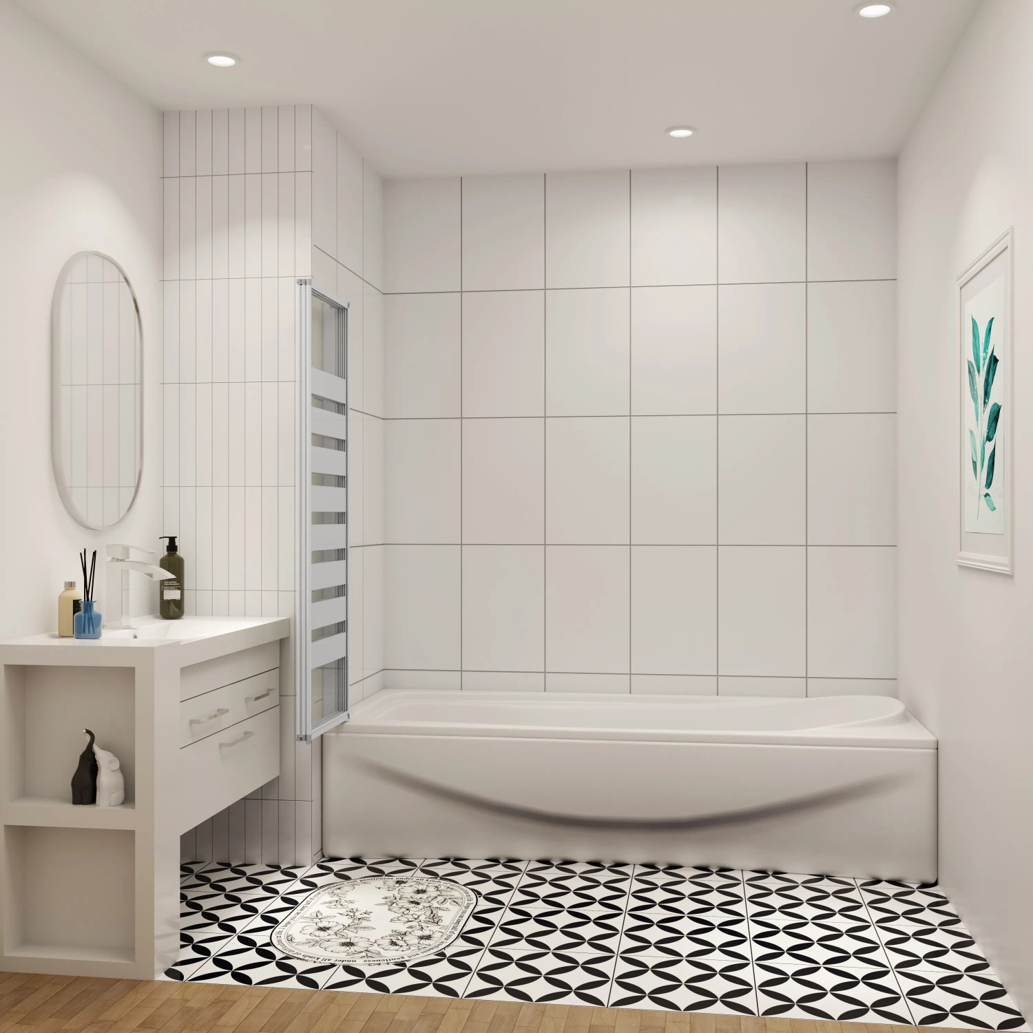 Bad mit weißer AICA Badewanne (130x140cm) und 3-tlg. Faltwand (Links Montage).