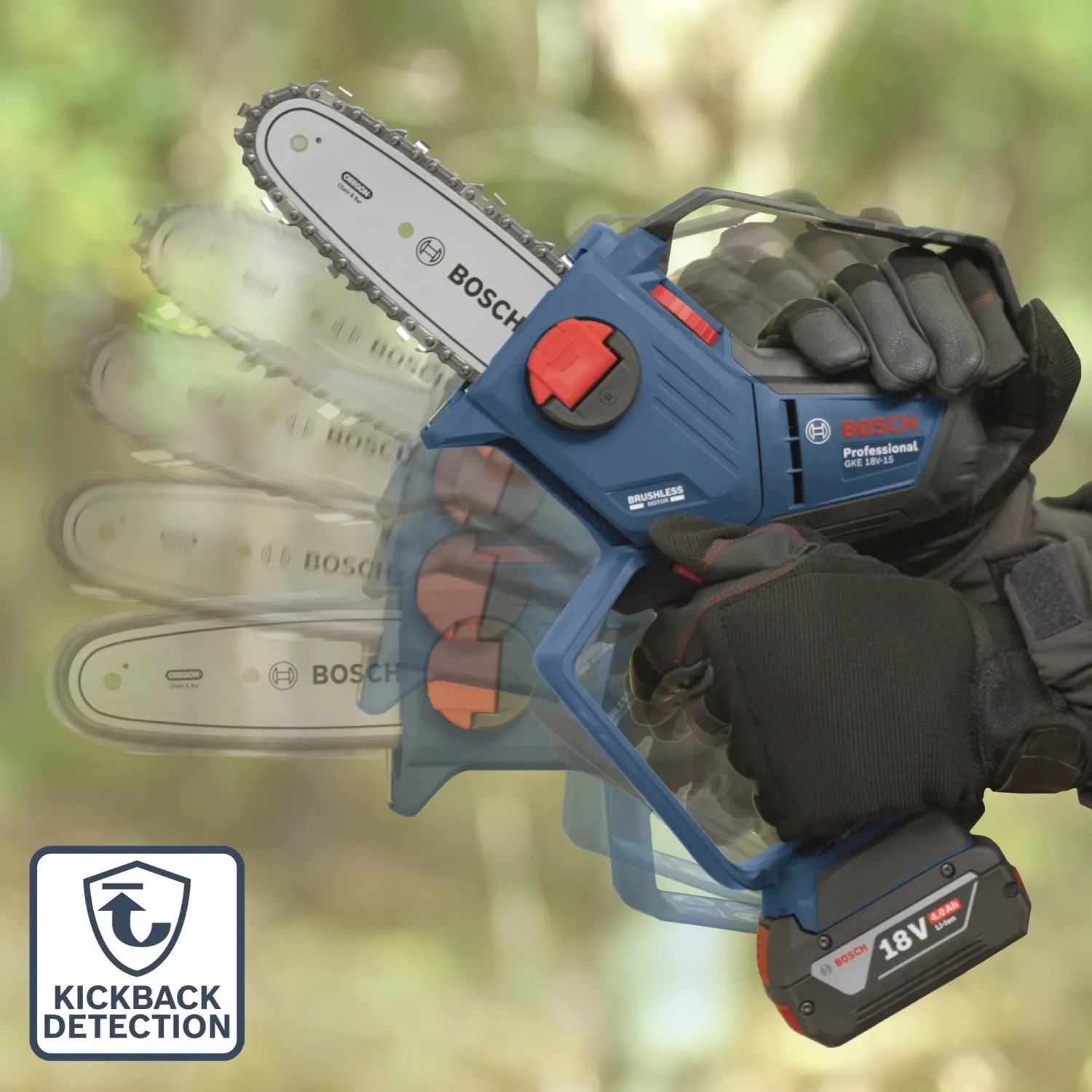 Bosch Professional GKE 18V-15 Akku-Astsäge in Aktion, mit Kickback Detection und 18V Akku.