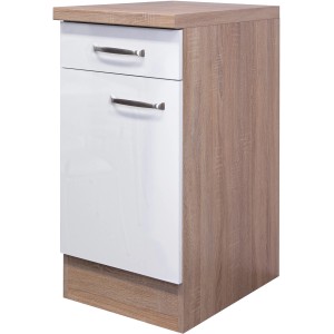 Flex-Well Unterschrank Valero, 40 cm, Hochglanz Weiß/Sonoma Eiche, mit Schublade und Tür.