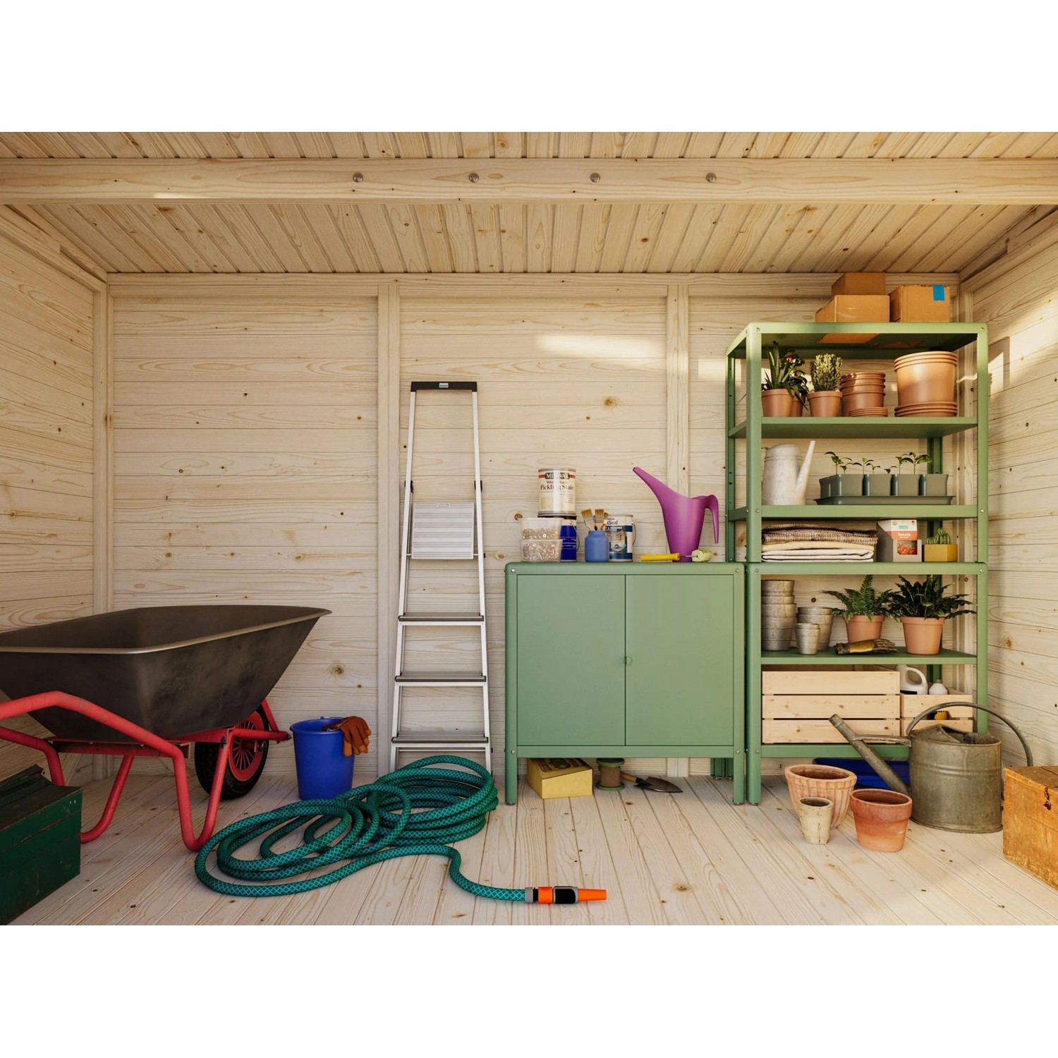 Innenansicht: Palmako Holz-Gartenhaus mit Pultdach, unbehandelt, mit Gartengeräten und Regalen.