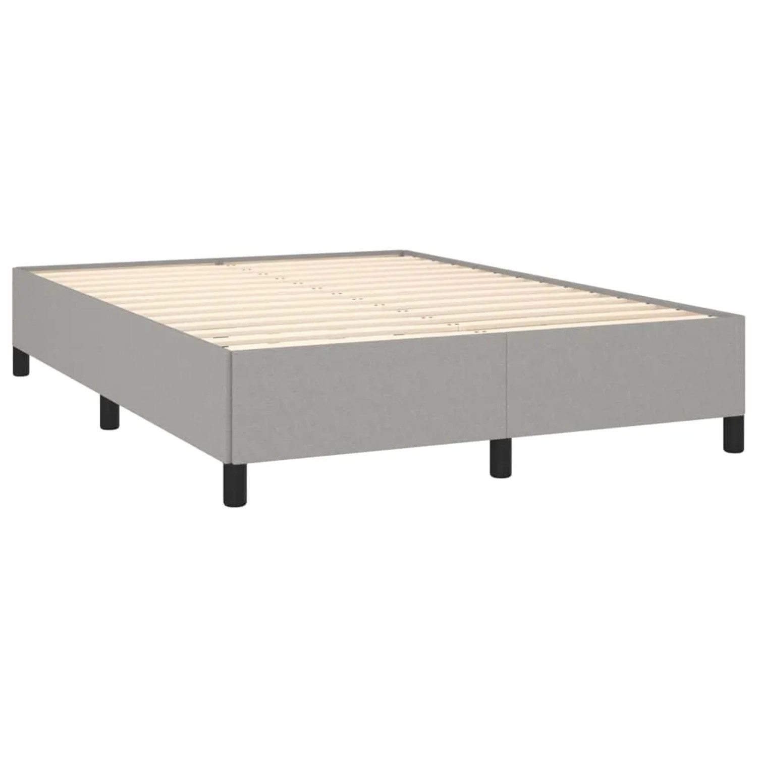 Hellgraues Stoff-Bettgestell 140x190 cm von vidaXL mit Lattenrost und schwarzen Füßen.