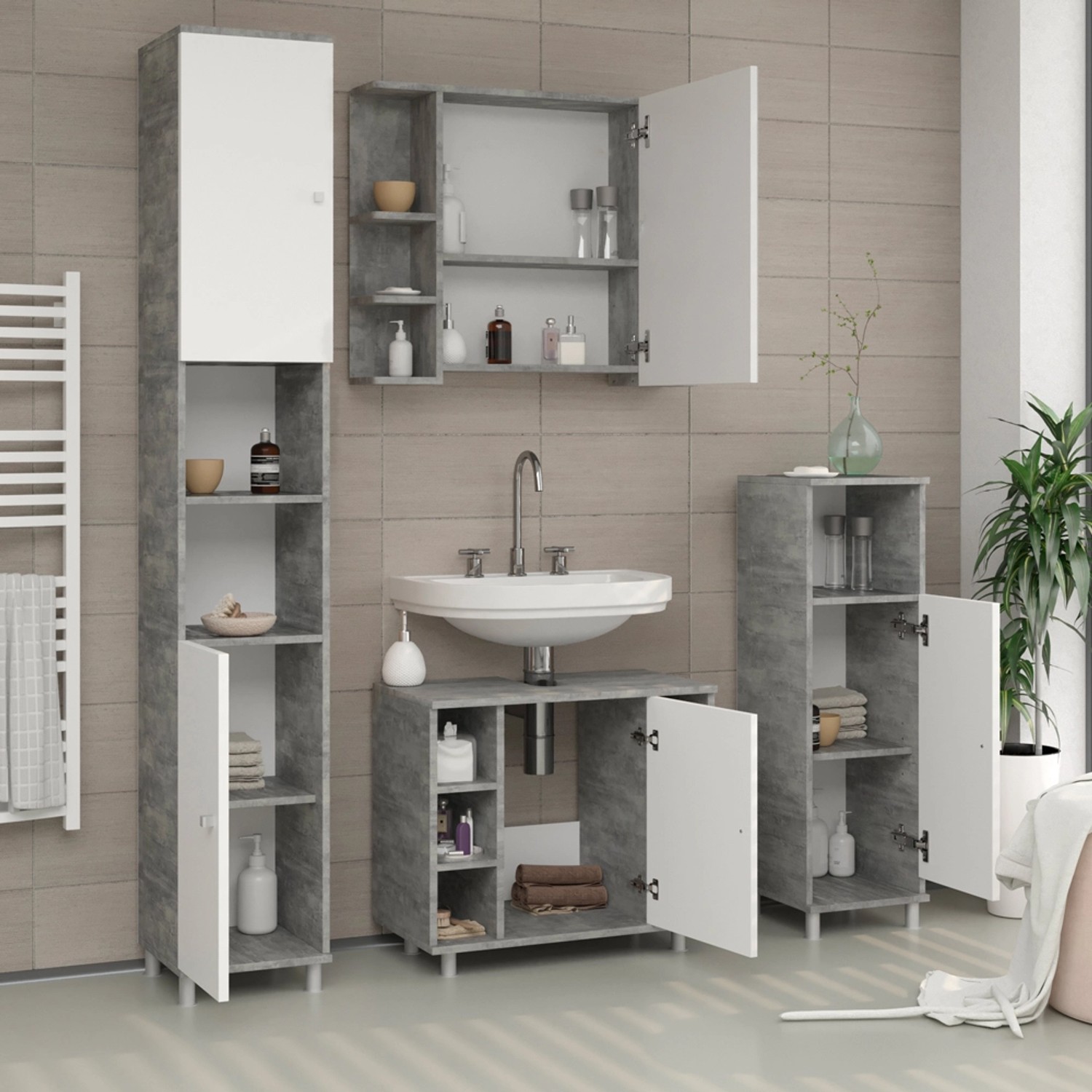 Vicco Waschbeckenunterschrank Fynn in Beton/Weiß, Badmöbel mit Stauraum.