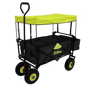 Faltbarer, schwarzer TRUTZHOLM Bollerwagen mit gelbem Dach und Vollgummi Rädern. Ideal für Camping und Ausflüge.