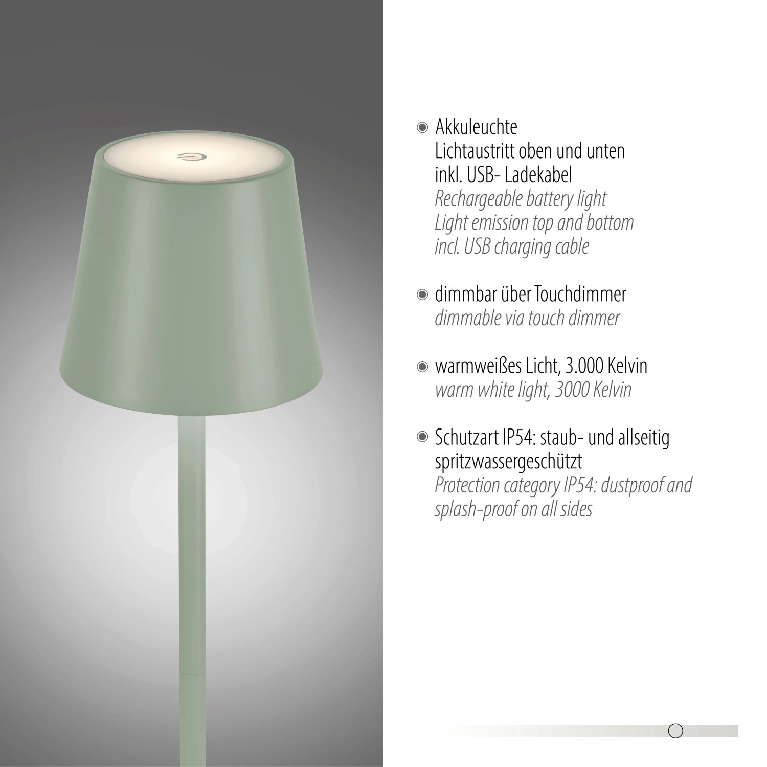 Grüne LED-Akku-Stehleuchte Euria, 125 cm hoch, dimmbar, für Innen & Außen.