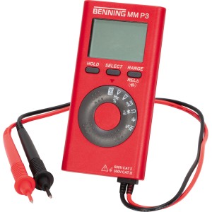 Rotes Benning Pocket-Multimeter MM P3 600 V mit Messleitungen.