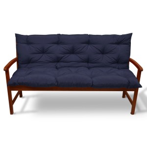 Dunkelblaue Beautissu Flair BR Bankauflage 100x50 cm auf Holzbank. Gartenbankauflage für bequemes Sitzen.