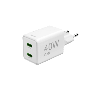 Weißes Hama Super-Mini-Ladegerät GaN mit 2 USB-C Ports und 40W Leistung.