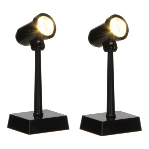 Zwei schwarze Luville Miniatur-Strahler mit warmweißem Licht für Weihnachtsdekoration.