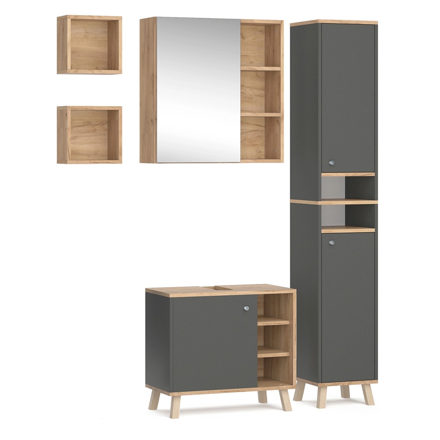 Vicco Badmöbel-Set Senyo Anthrazit/Goldkraft Eiche 4 Teile mit Hochschrank günstig online kaufen