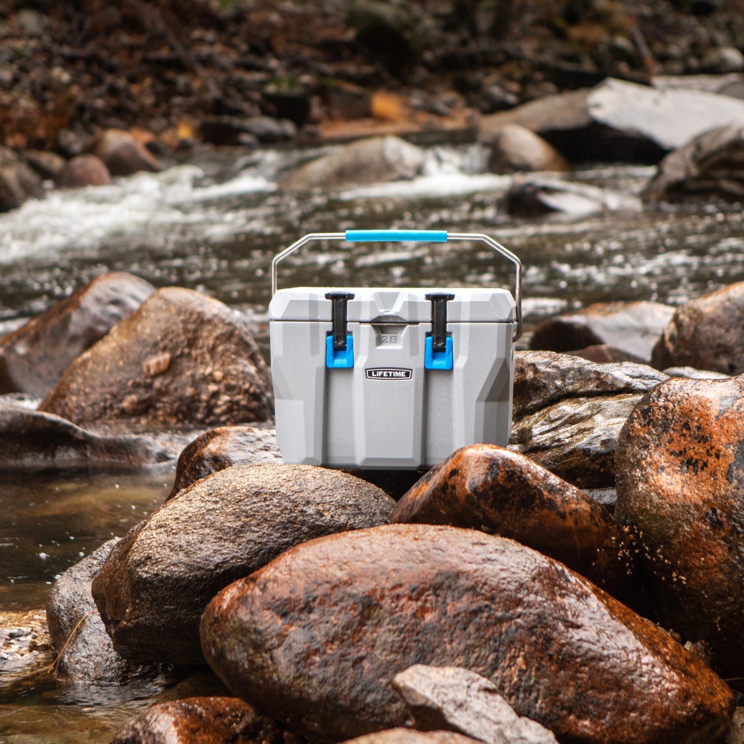 Graue Lifetime Kühlbox (26,5 Liter) mit blauem Griff und Verschlüssen auf Steinen am Fluss.