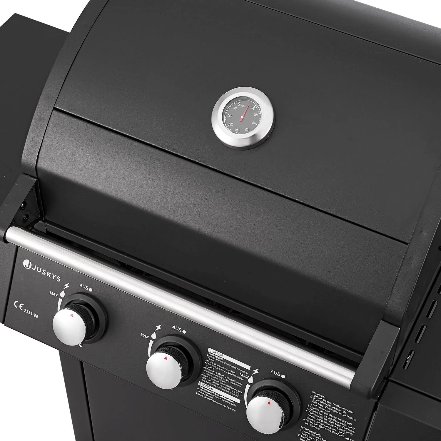 Detailaufnahme des schwarzen Juskys BBQ Gasgrills Louisiana mit 3 Brennern und Temperaturanzeige.