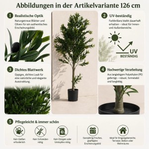 Künstlicher Olivenbaum 126cm aus Polyethylen, UV-beständig, mit realistischen Blättern und Oliven. Pflegeleicht für Innen & Außen.