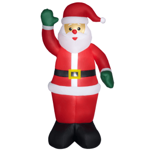 Aufblasbarer Weihnachtsmann von Outsunny in Rot mit weißem Bart, grünen Handschuhen und gelber Gürtelschnalle, winkend.