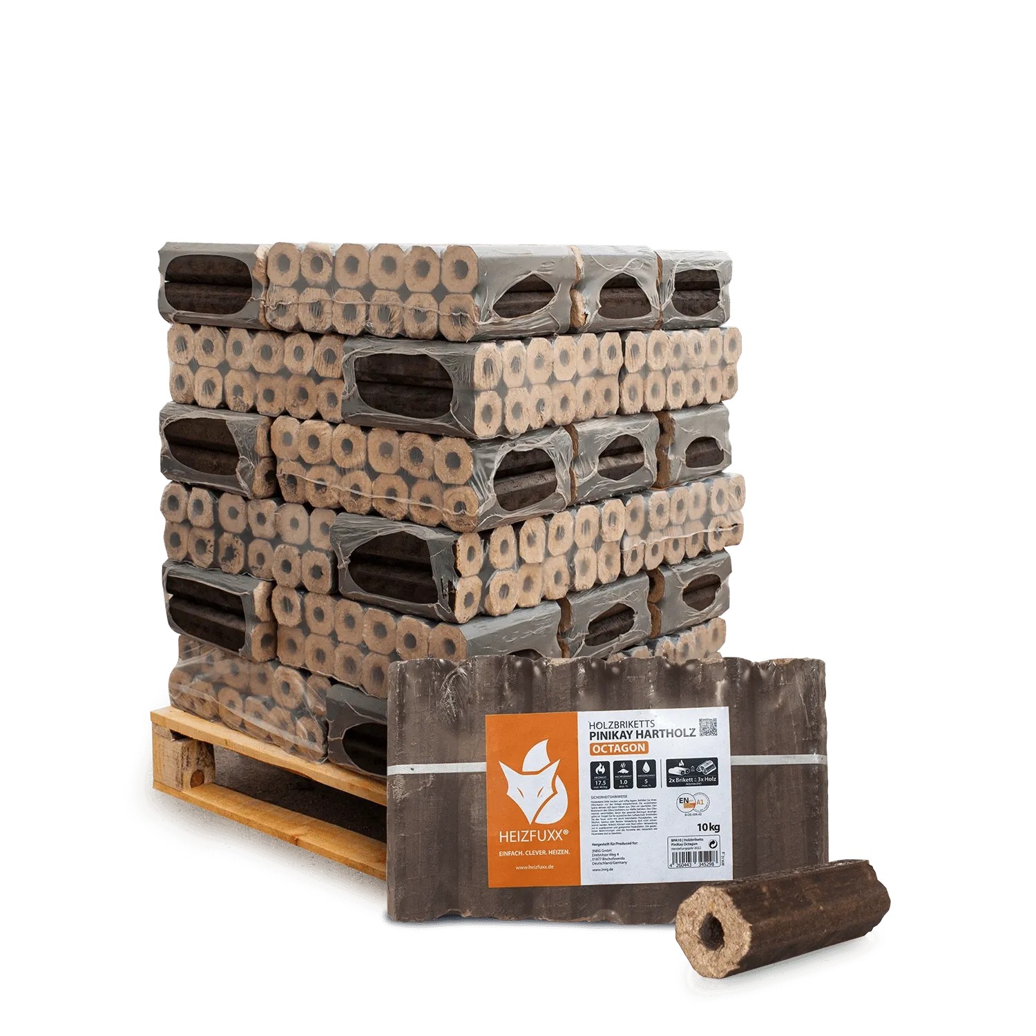 Heizfuxx PiniKay Octagon Holzbriketts Hartholz 10kg x 30 Gebinde 300kg Palette