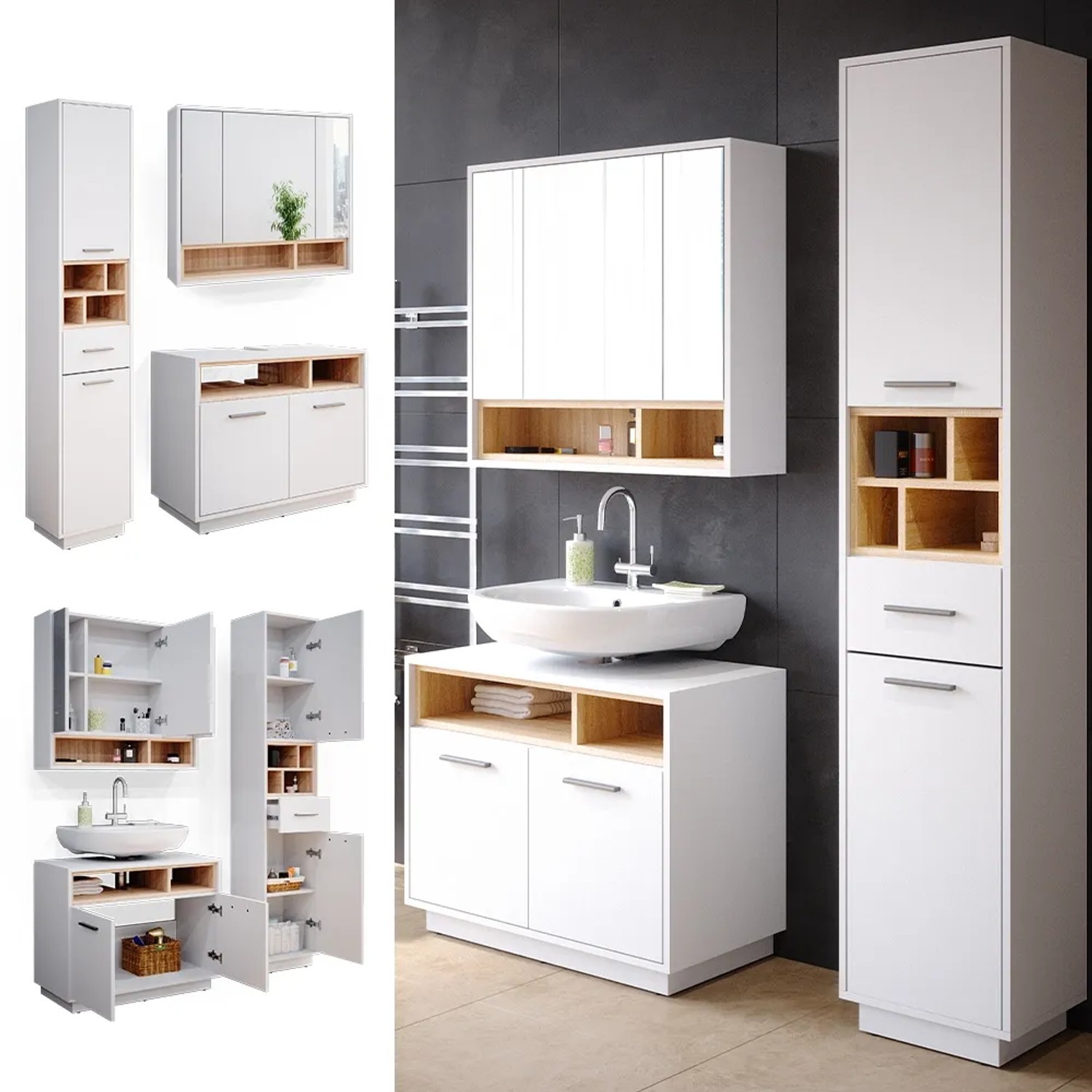 Vicco Badmöbel-Set Beatrice, 3-teilig, Weiß/Sonoma: Hochschrank, Spiegelschrank, Unterschrank.