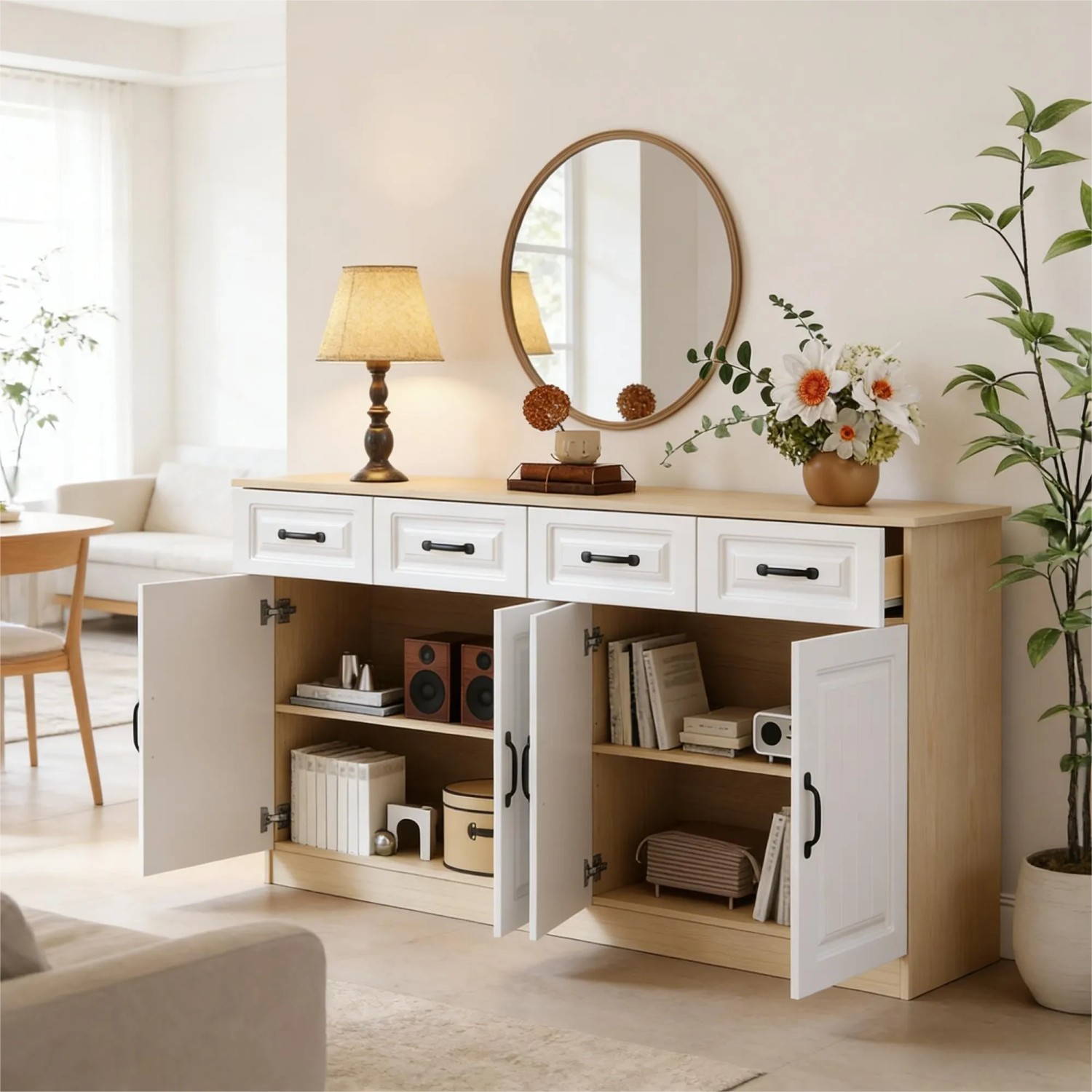 Merax Sideboard 160 cm, weiß/Holzoptik, 4 Türen, 4 Schubladen im Wohnzimmer. Moderner Wohnzimmerschrank.