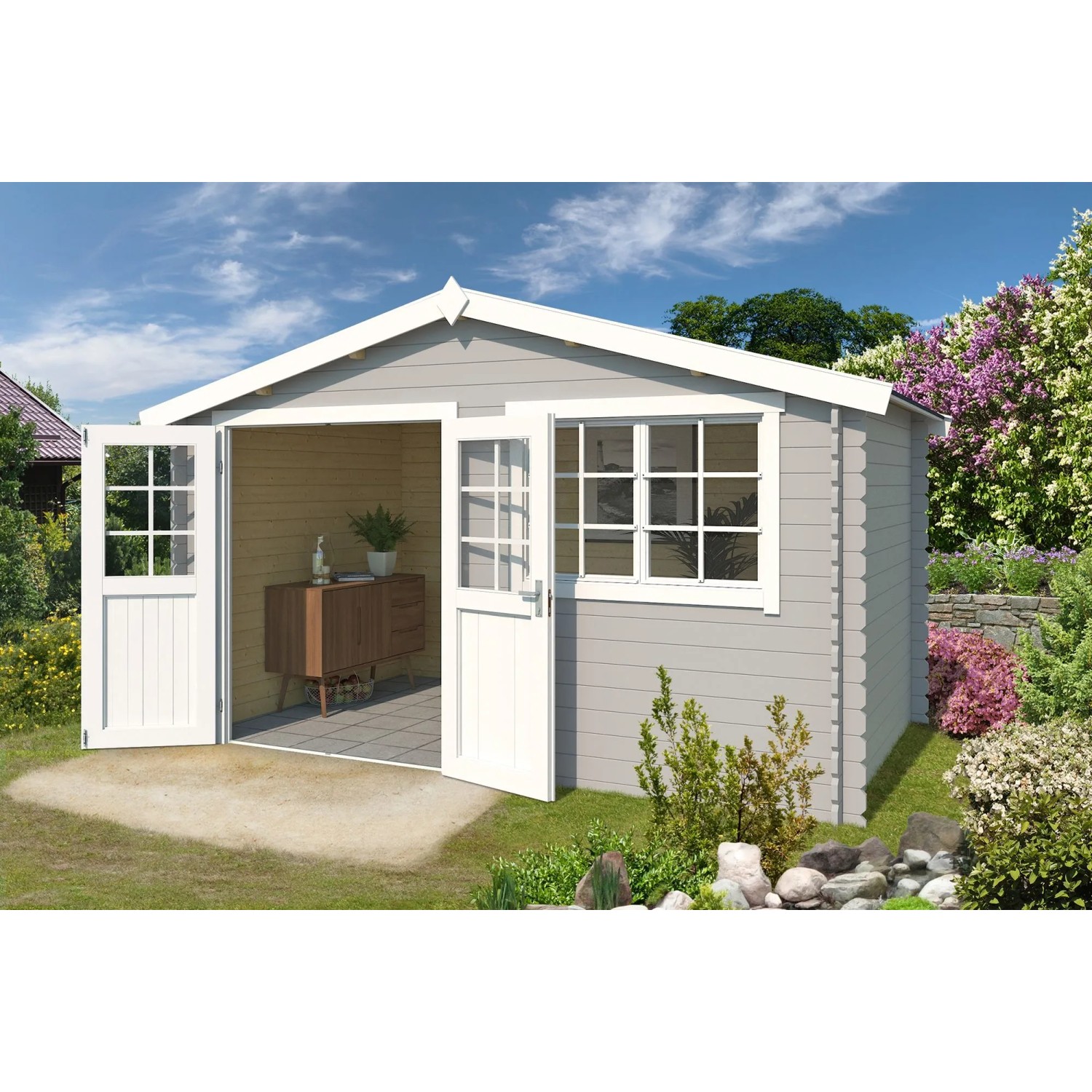 Lasita Holz-Gartenhaus Axel 230 Satteldach Lichtgrau Lasiert 380 cm x 230 cm