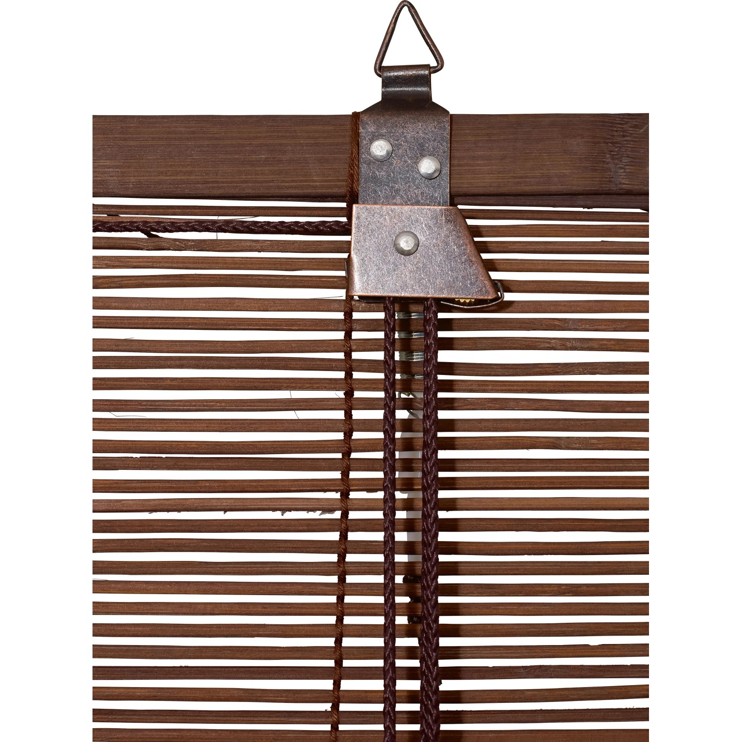 Detailansicht OBI Bambus-Raffrollo Teak (120x160cm) mit Zugschnüren und Aufhängung.