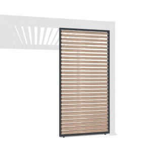 Lamellenwand in Holzoptik, anthrazitfarbener Rahmen, Teil einer Weide Pergola.