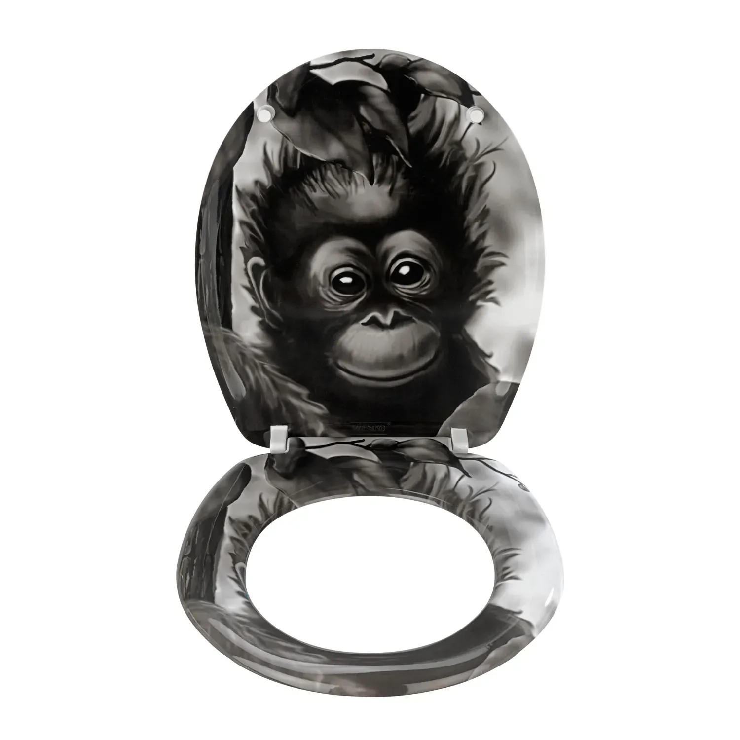 Wenko WC-Sitz Affe mit Absenkautomatik, Duroplast, Motiv: Äffchen auf Deckel und Brille.