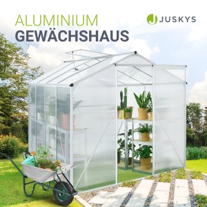 Juskys Aluminium Gewächshaus 4,75m² mit Fundament und Dachfenster, Pflanzen im Inneren.