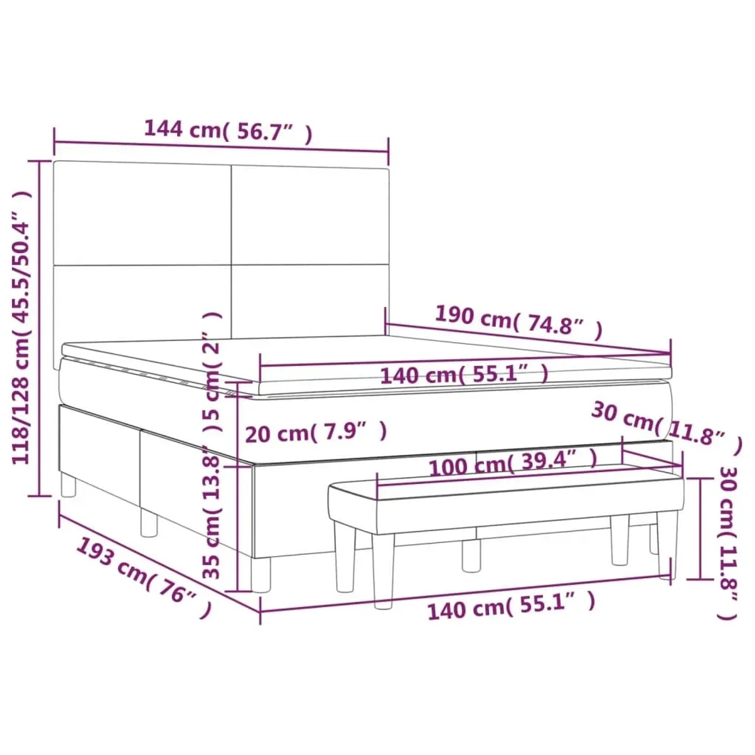 vidaXL Boxspringbett hellgrau 140x190 cm mit Matratze und Bank, Maße