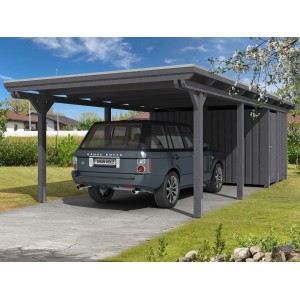 Skan Holz Carport Leimholz schiefergrau mit Abstellraum und Auto