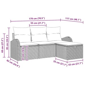 vidaXL Garten-Sofa-Set, 4-teilig, schwarz, Poly Rattan, mit Maßangaben.
