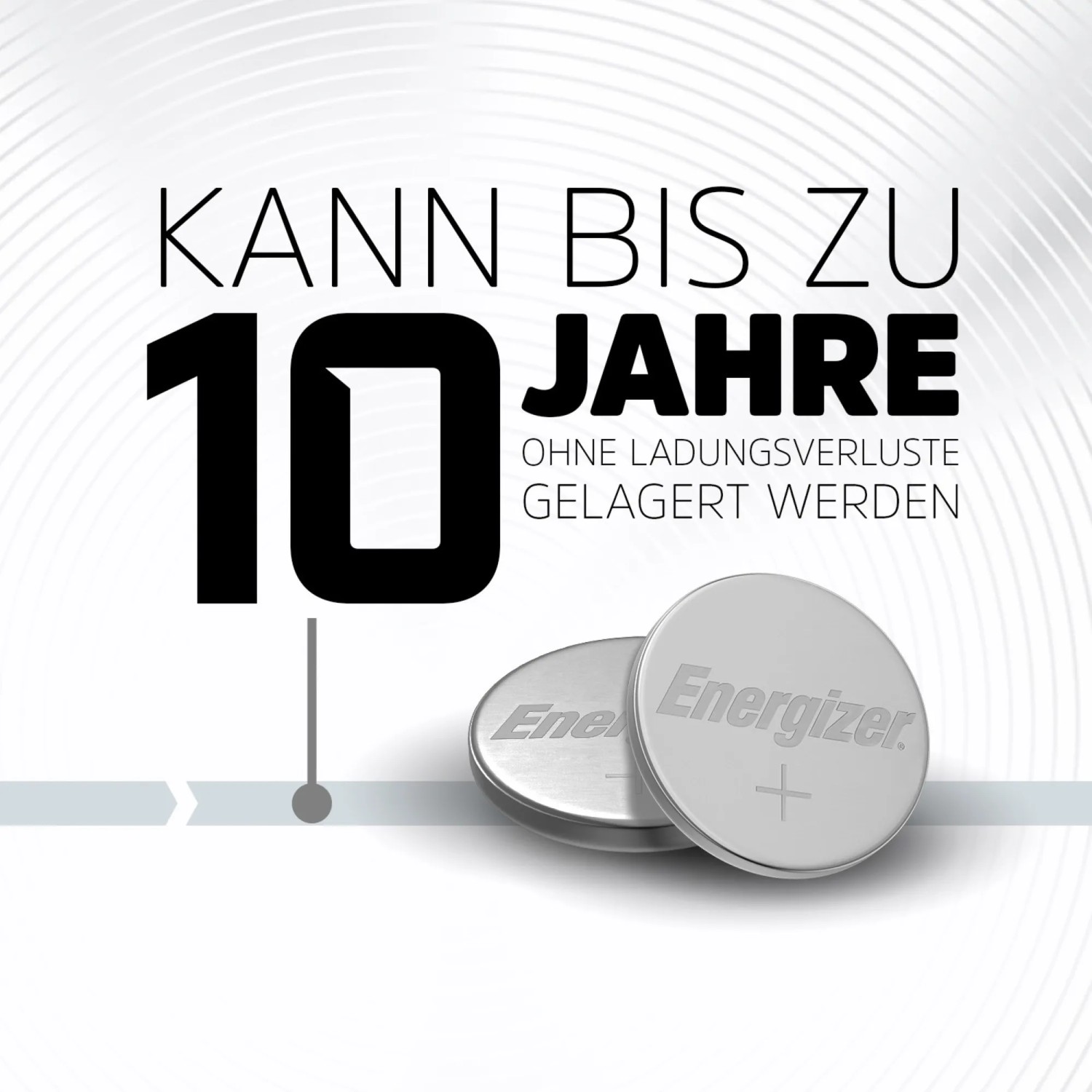 Zwei Energizer CR2430 Lithium Knopfzellen, bis zu 10 Jahre lagerfähig.