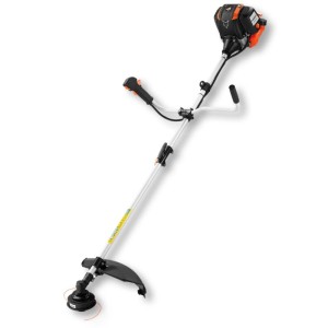 FUXTEC 4-Takt Benzin Motorsense FX-4MS142 mit orange-schwarzem Motor, Zweihandgriff und Doppelfadenkopf.
