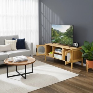 Relaxdays TV Lowboard Holzwerkstoff Bambus Acrylglas Natur mit 2 Türen 103 cm x 40 cm x 48 cm 14,7 kg