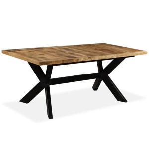 vidaXL Esstisch aus Mangoholz massiv mit Stahlrahmen, 180 cm. Tischplatte in Naturholzoptik, schwarzes X-förmiges Gestell.
