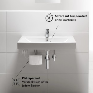 Clage Kleindurchlauferhitzer MBH3 unter Waschbecken montiert. Warmwasserbereitung ohne Wartezeit.