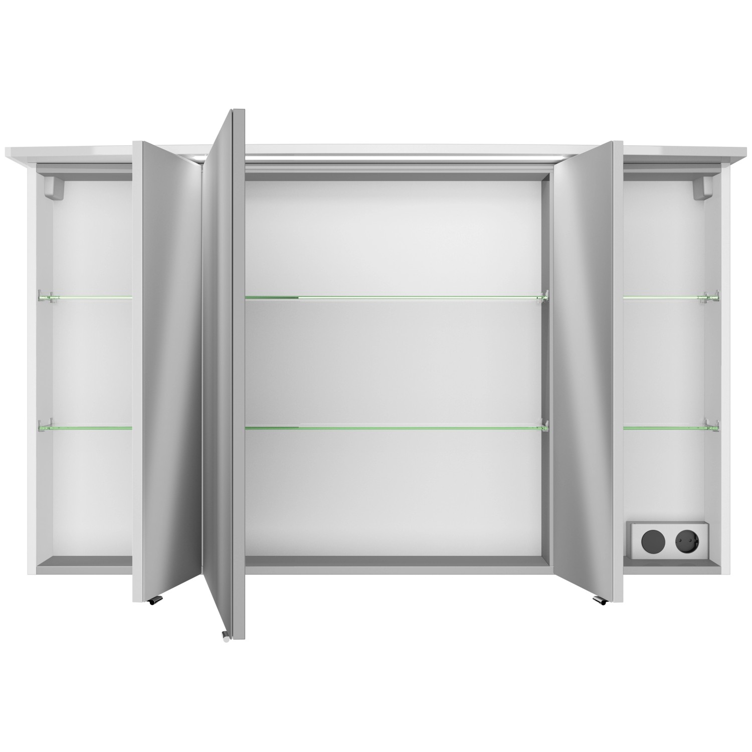 Pelipal Spiegelschrank 4010, 122 cm, Weiß Glänzend, mit offenen Türen und Glasböden.