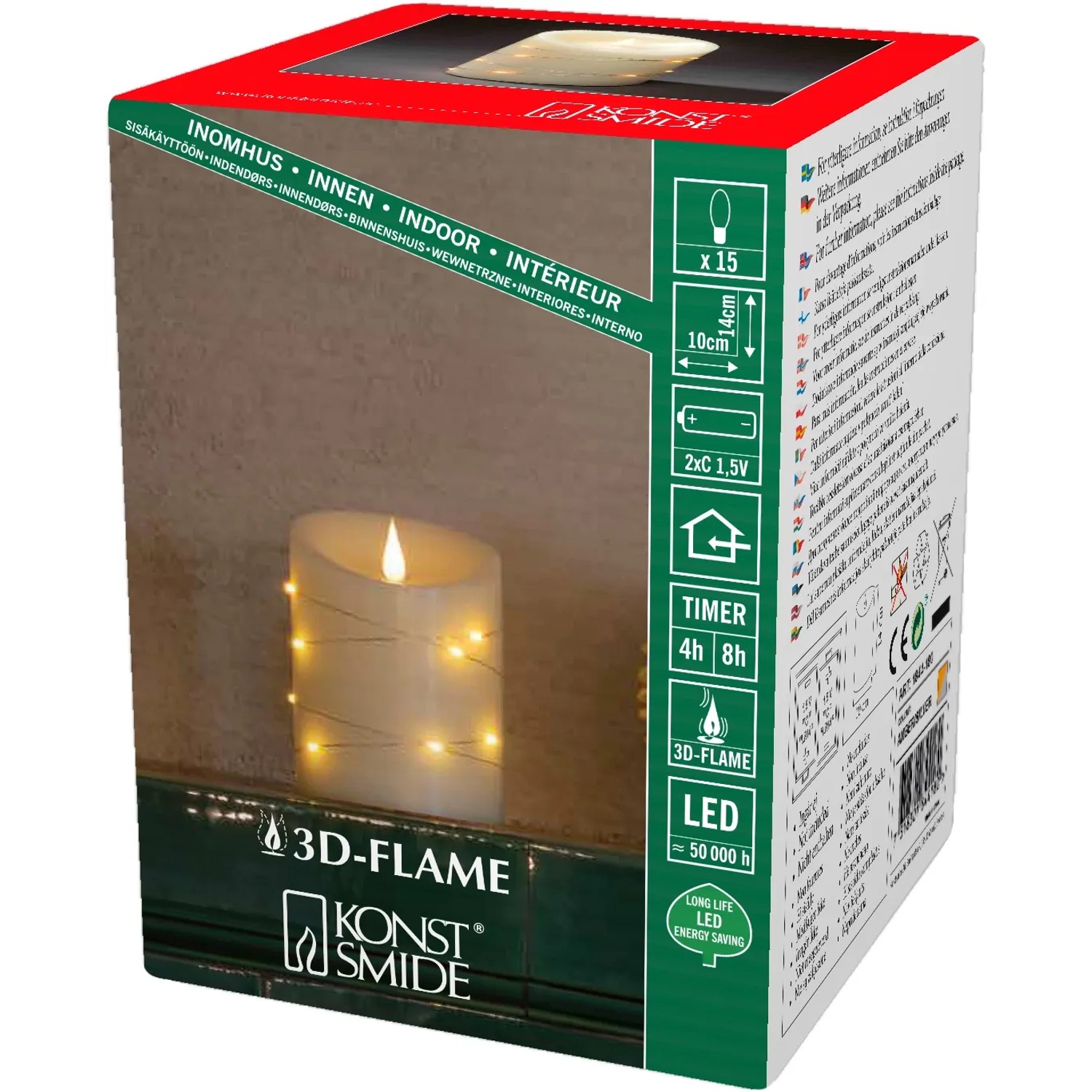 Konstsmide LED Echtwachskerze mit 3D-Flamme und silberfarbenem Draht, batteriebetrieben für Innen, Weihnachtsdeko.