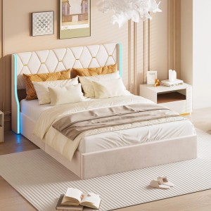 PXloue Bettrahmen Hydraulisches Stauraumbett mit LED-Samt Beige 160x200cm