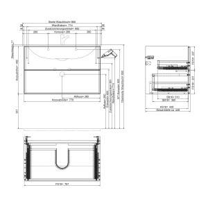 Technische Zeichnung Steinkamp Unterschrank Living 2.0 mit GROHE Waschtisch Cube 80 cm, Maße und Details.