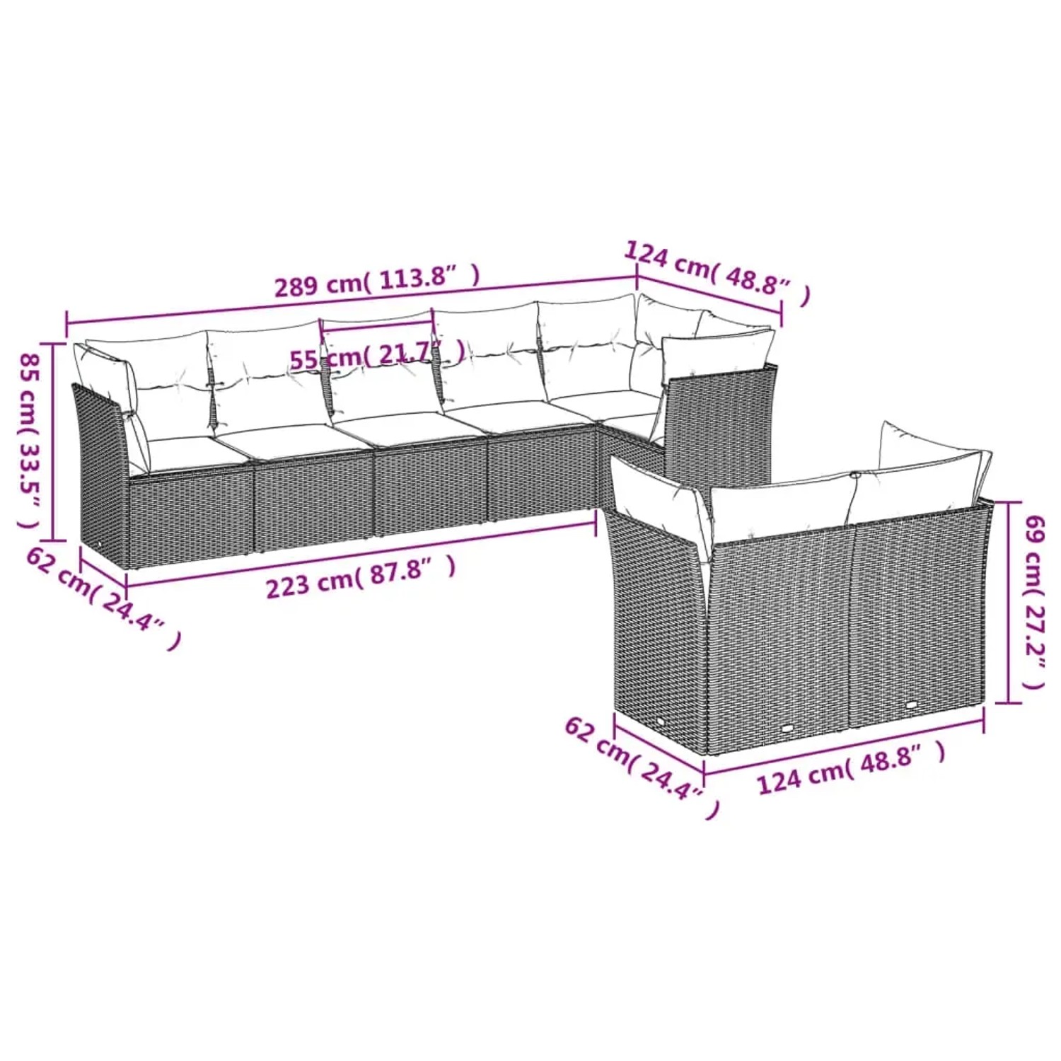 Braune 8-tlg. vidaXL Garten-Sofagarnitur aus Poly Rattan mit Kissen.
