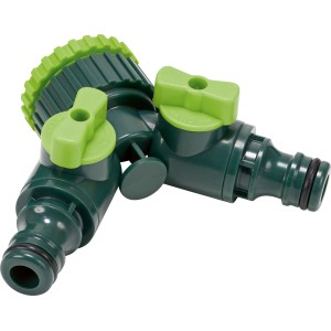 2-Wege-Ventil 13 mm (1/2) aus Kunststoff mit zwei grünen Drehventilen zur separaten Regulierung der Ausgänge.