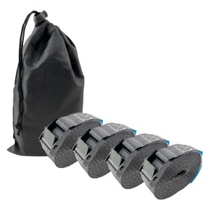 4 anthrazitfarbene Spanngurte mit Klemmschloss, je 2,5m lang, 250kg Traglast, inkl. Tasche.
