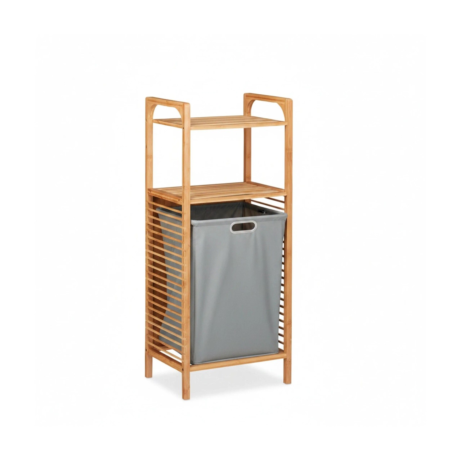 Relaxdays Badregal Bambus Natur Grau mit Wäschekorb Klappbar mit 2 Ablagen 95 cm x 40 cm x 30 cm 5,3 kg