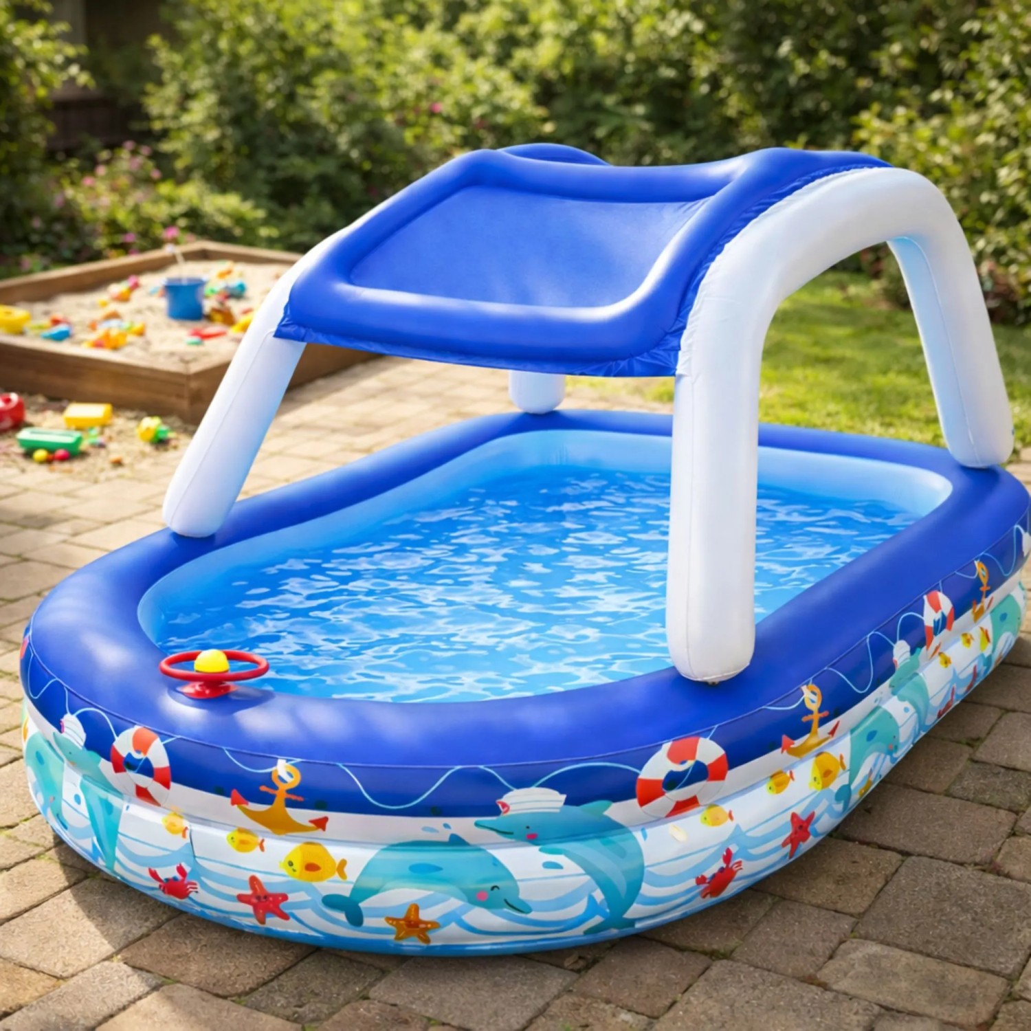 Bestway Family Pool mit Sonnendach, maritimes Design, 213x155x132 cm.