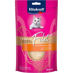 Vitakraft Premium Filet Huhn Katzenleckerli, 70g Packung mit Katzenmotiv und Hühnchen-Illustration.