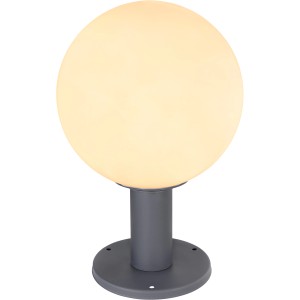 Anthrazitfarbene Globo Außenleuchte Ossy, 38 cm hoch, mit opaler Glaskugel (Ø 25 cm) für den Garten.