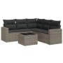 Graue 6-tlg. vidaXL Garten-Sofagarnitur aus Polyrattan mit dunklen Kissen und Tisch.