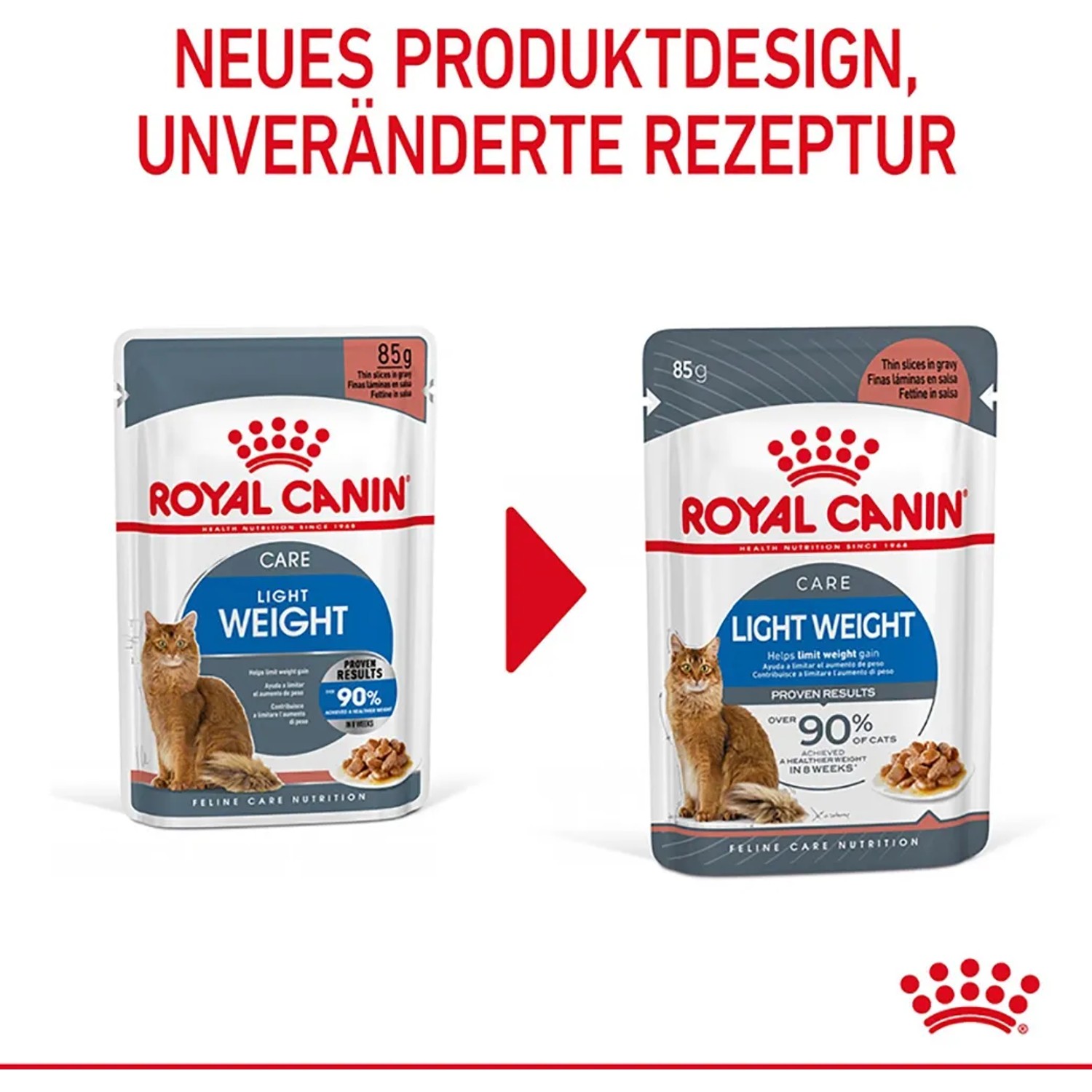 Royal Canin Light Weight Care Katzenfutter Soße, 85g Beutel, Vorher-Nachher-Design.