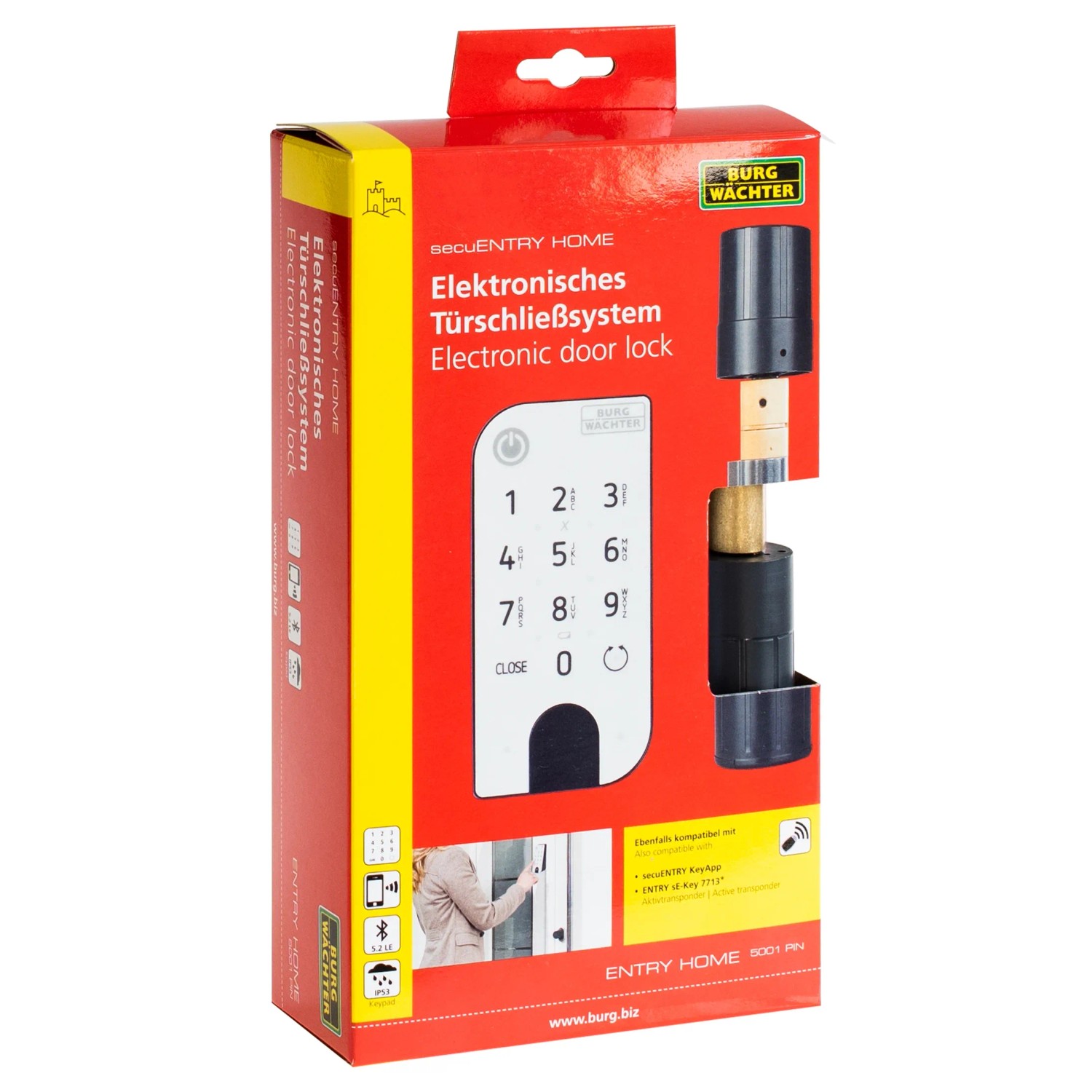 Burg-Wächter ENTRYhome 5001 Türschloss-Set mit Pincode-Öffnung in roter Verpackung.
